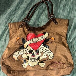 Ed Hardy Brown Tote with Red Heart and Skull Design